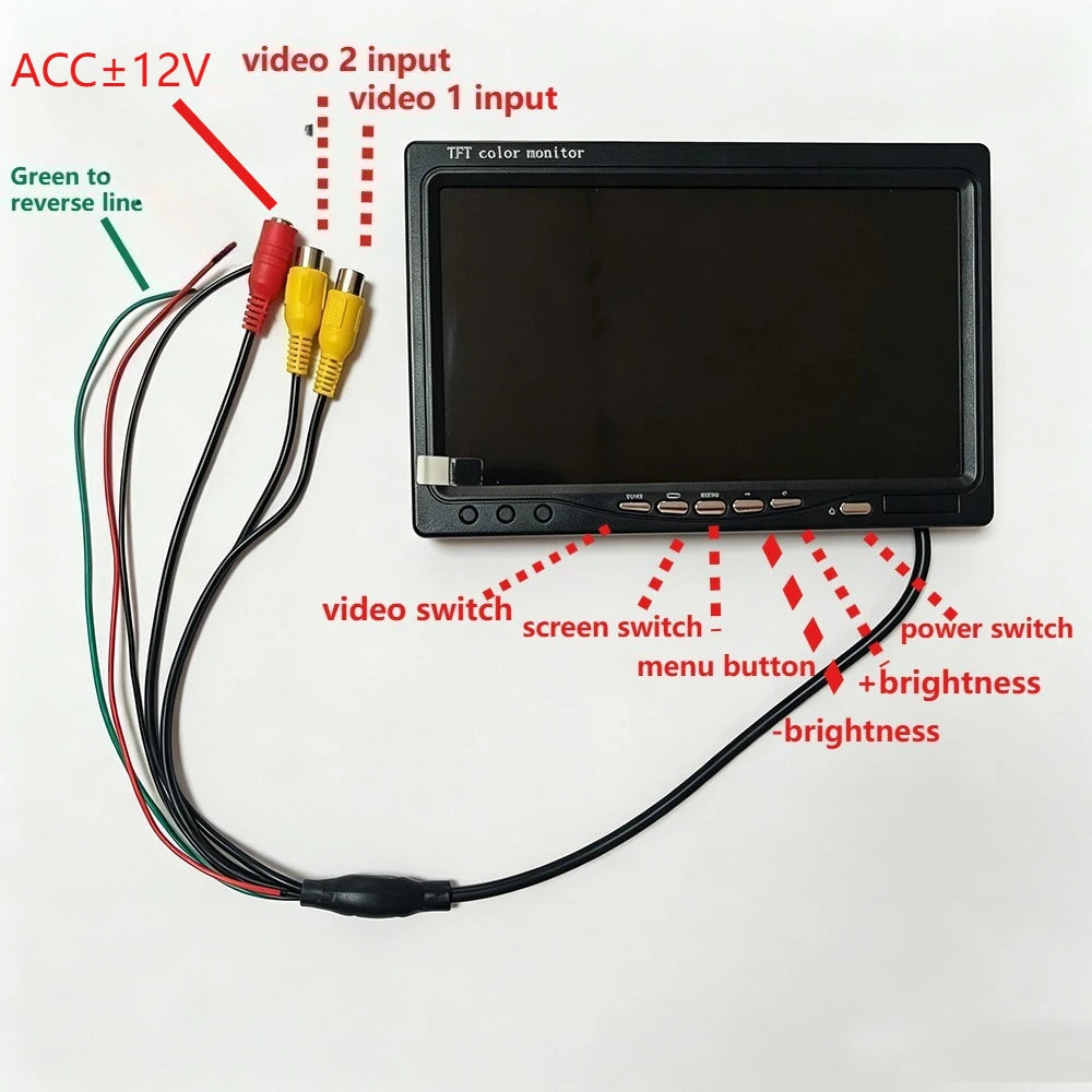 Car Reversing Image, 7-Inch 12-24V Desktop CVBS Monitor - Supports V1/V2 Dual Video Input, Rear View Ruler Camera - Night Vision