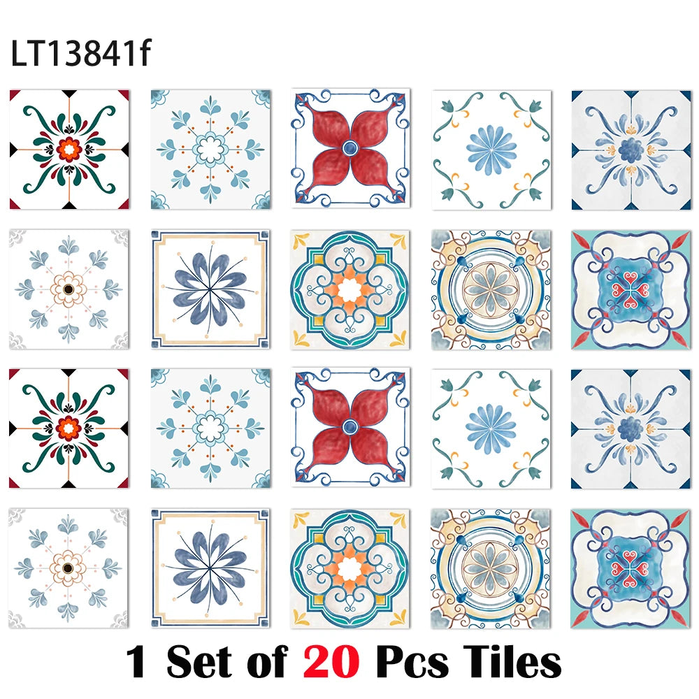 Dark Grey Vintage Boho Floral Tile Stickers Self Adhesive Glossy PVC Waterproof Decals Cabinet Kitchen Bath Wall Backsplash Deco