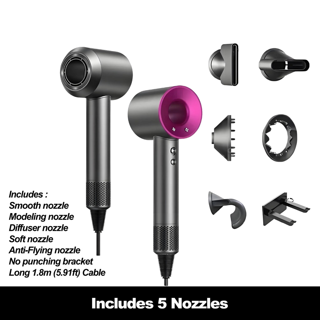 Grey and pink high-speed ionic hair dryer with 5 magnetic styling nozzles and wall-mount bracket.