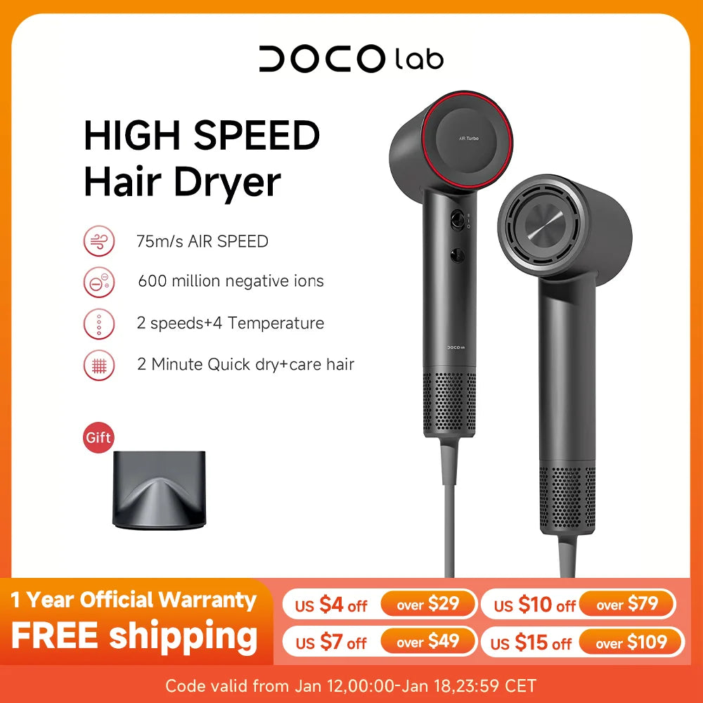 DOCO high-speed hair dryer in dark grey with nozzle attachment, 600M negative ions, and professional styling features.
