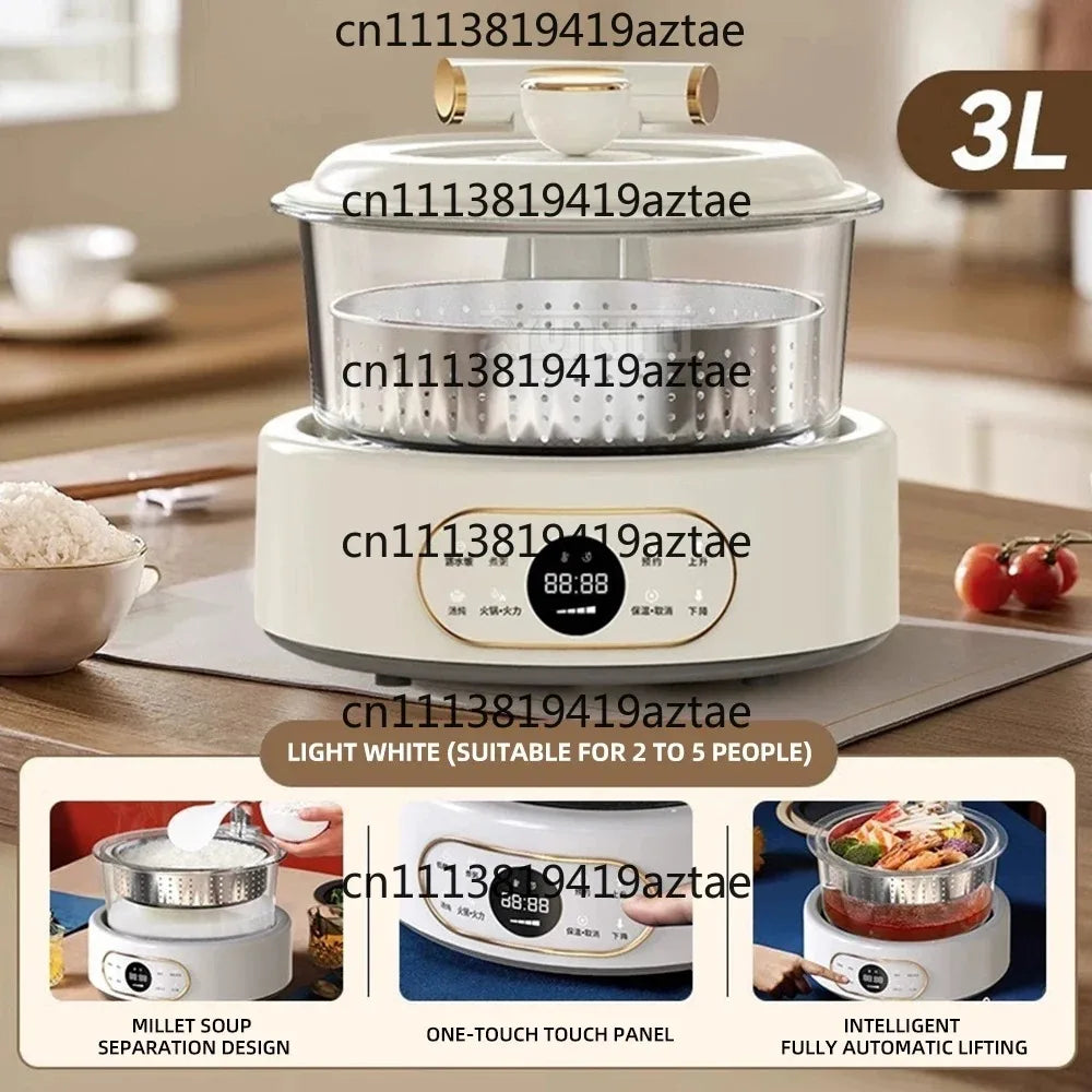 Light white 3L rice steamer multi-cooker with lid, inner basket, and control panel