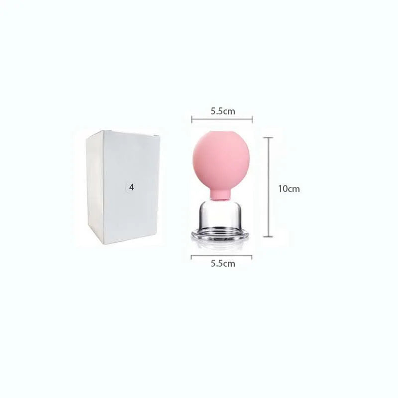 A pink rubber and glass facial cupping tool with dimensions shown, next to a white box labeled with the number 4.