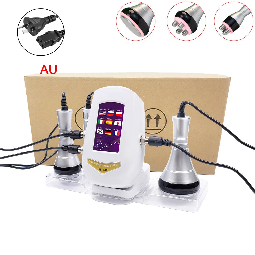 White 40k ultrasonic slimming machine with touch screen, multiple probe attachments, and power cable.