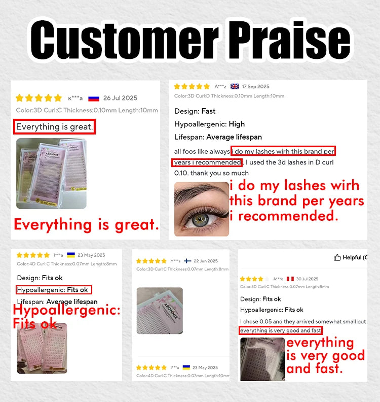 Customer reviews featuring black synthetic 3D, 4D, and 5D individual false eyelash extension trays.