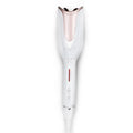 White and rose gold automatic hair curler with adjustable temperature settings and sleek, portable ergonomic design.