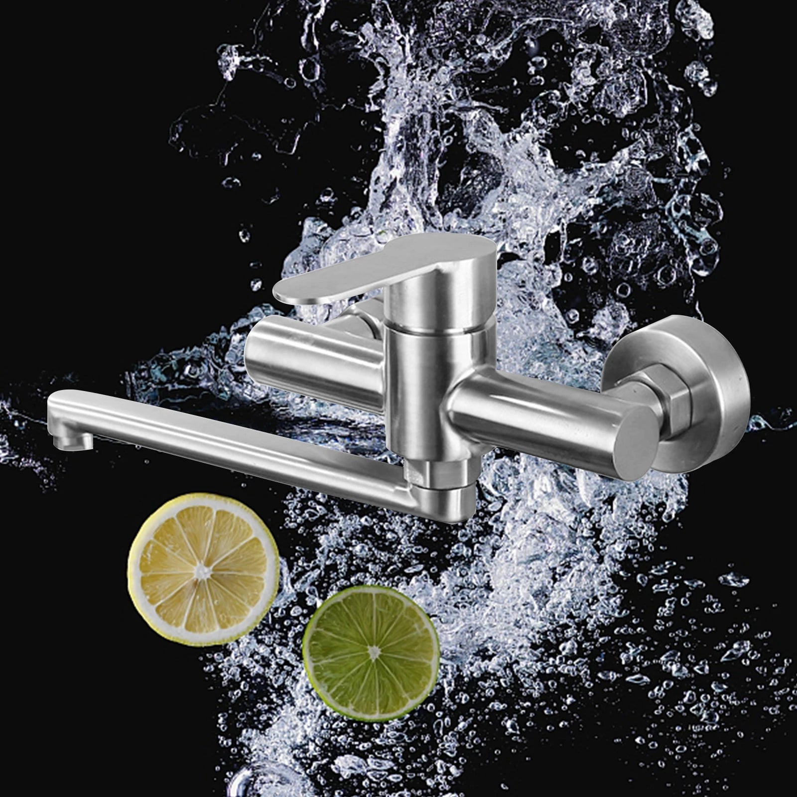 Silver Wall-Mounted Stainless Steel Rotatable Kitchen Faucet 360° Single Handle Hot and Cold Water Faucet For Both Homes Etc