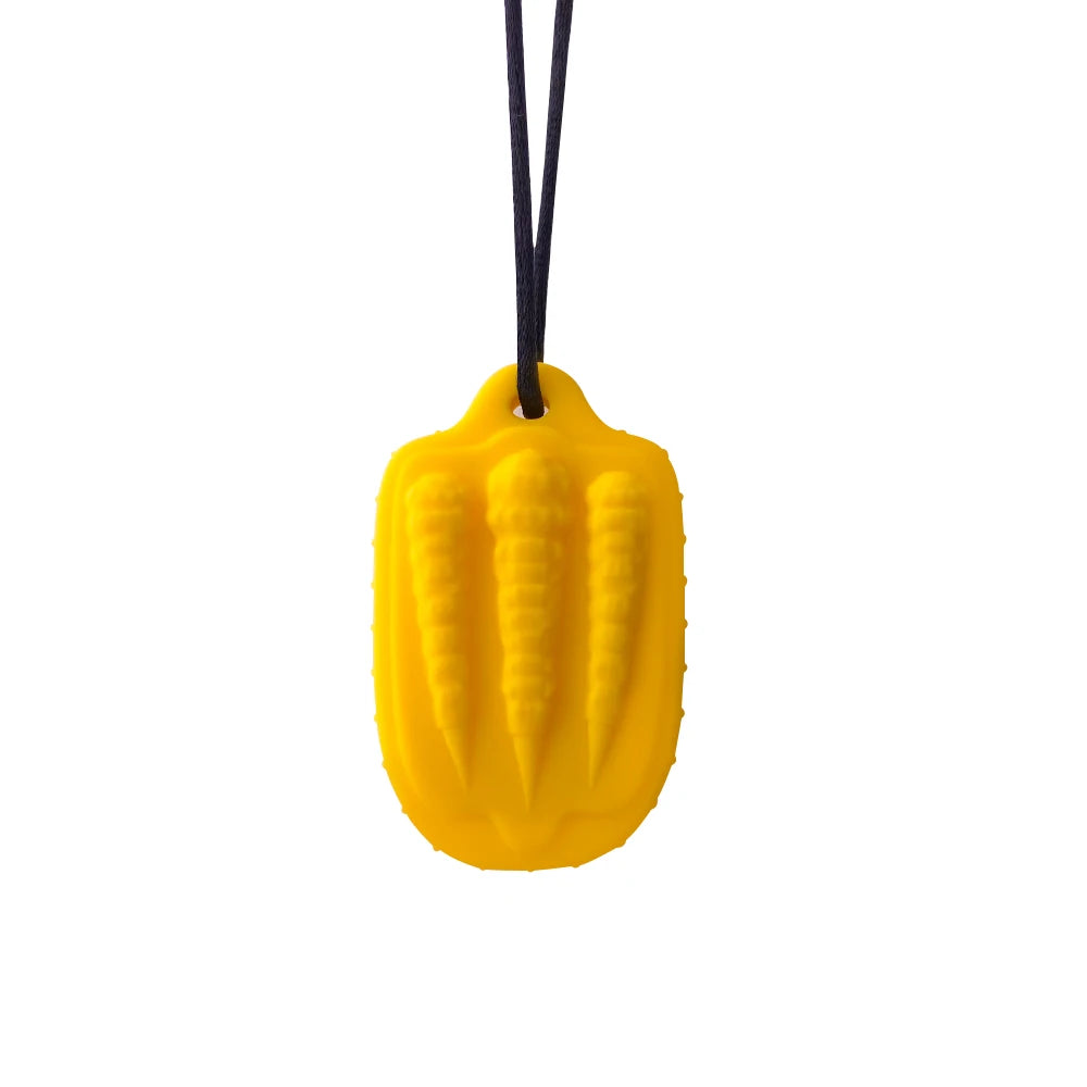 Yellow silicone baby teething toy necklace for soothing sore gums.