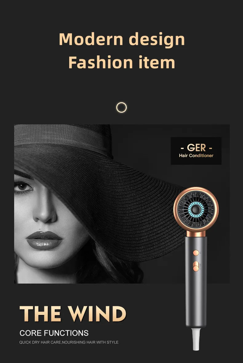 Grey and gold 2400W high-speed ionic hair dryer with blue light technology for fast, professional home hair drying.