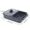 Black dual hot pot and grill with lid and two cooking compartments, size shown