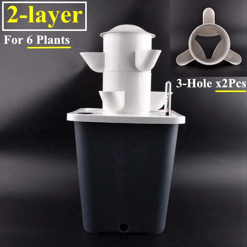 2-tier vertical hydroponic vegetable planter tower in white with multiple planting cups over black base