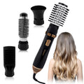 Hatteker 4-in-1 hot air brush dryer with gold accents, styling attachments, and a woman with wavy blonde hair.