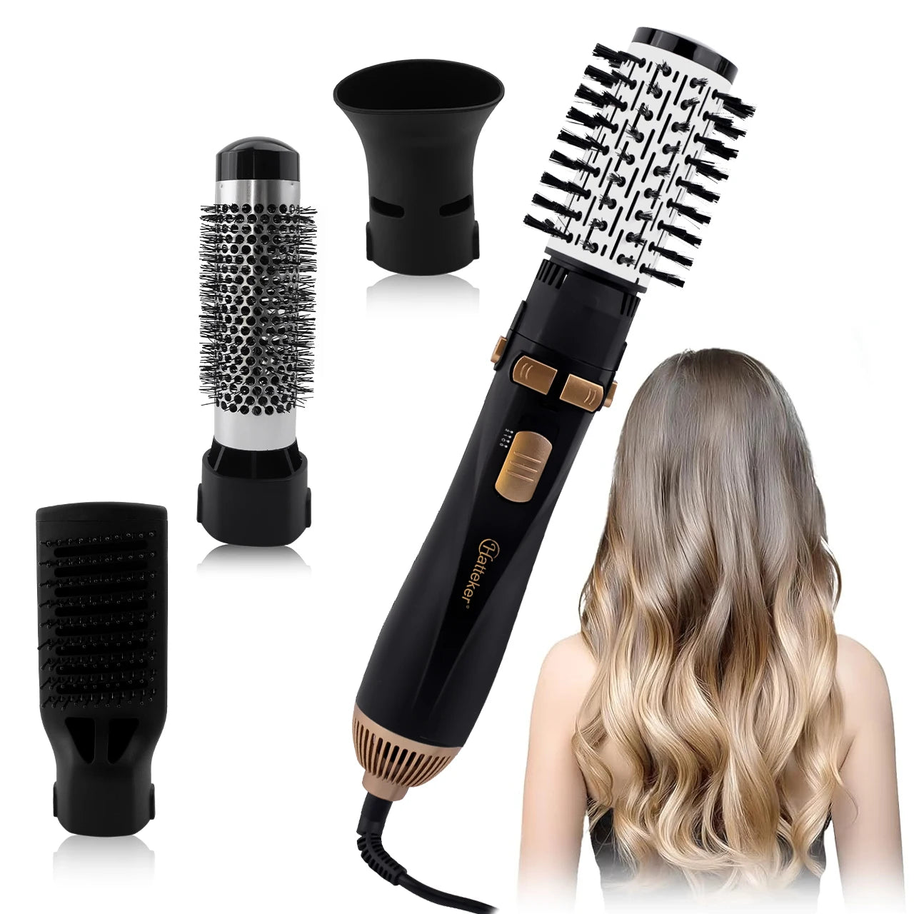 Hatteker 4-in-1 hot air brush dryer with gold accents, styling attachments, and a woman with wavy blonde hair.