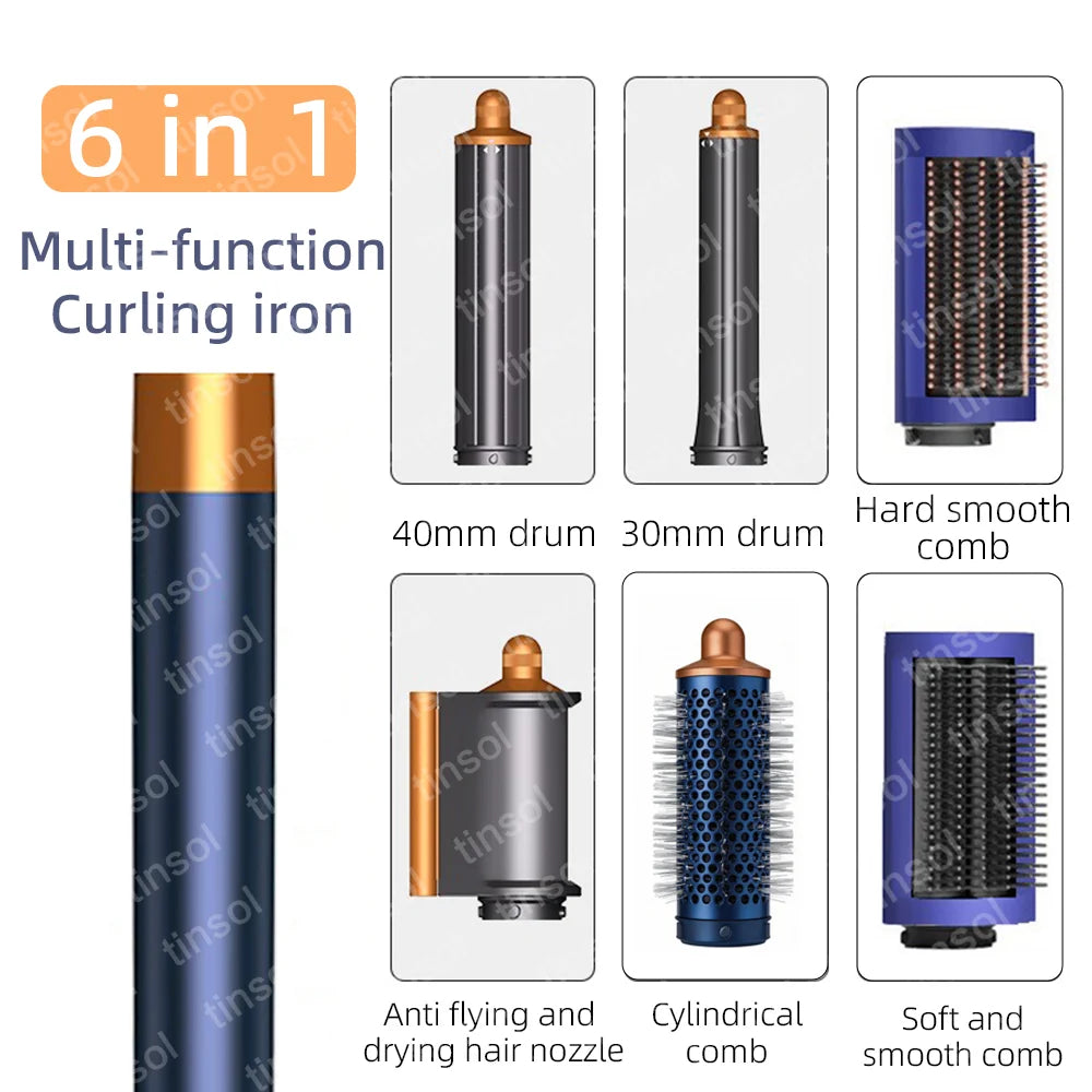 6-in-1 high-speed hair dryer set with curling barrels, smoothing combs, and nozzle in blue and gold metallic finish.