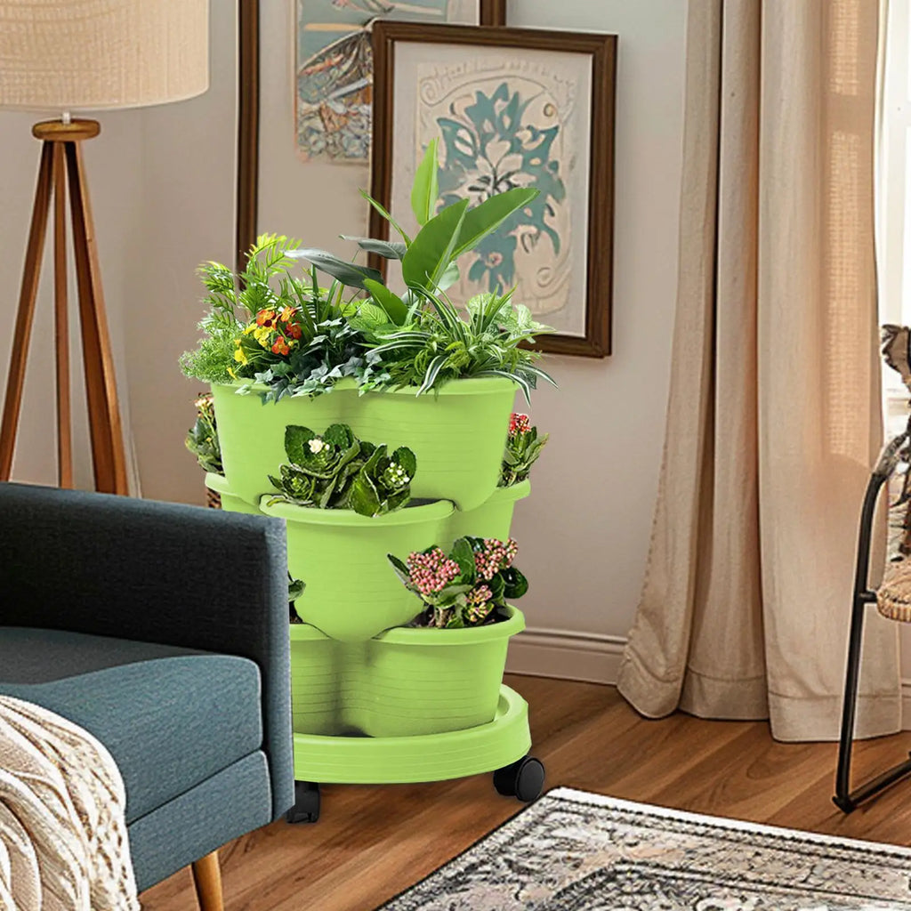 Vertical Garden Tower Stackable Outdoor Vegetable Pots Tiered Planter With Wheels For Indoor Outdoor Balcony Patio Backyard Lawn