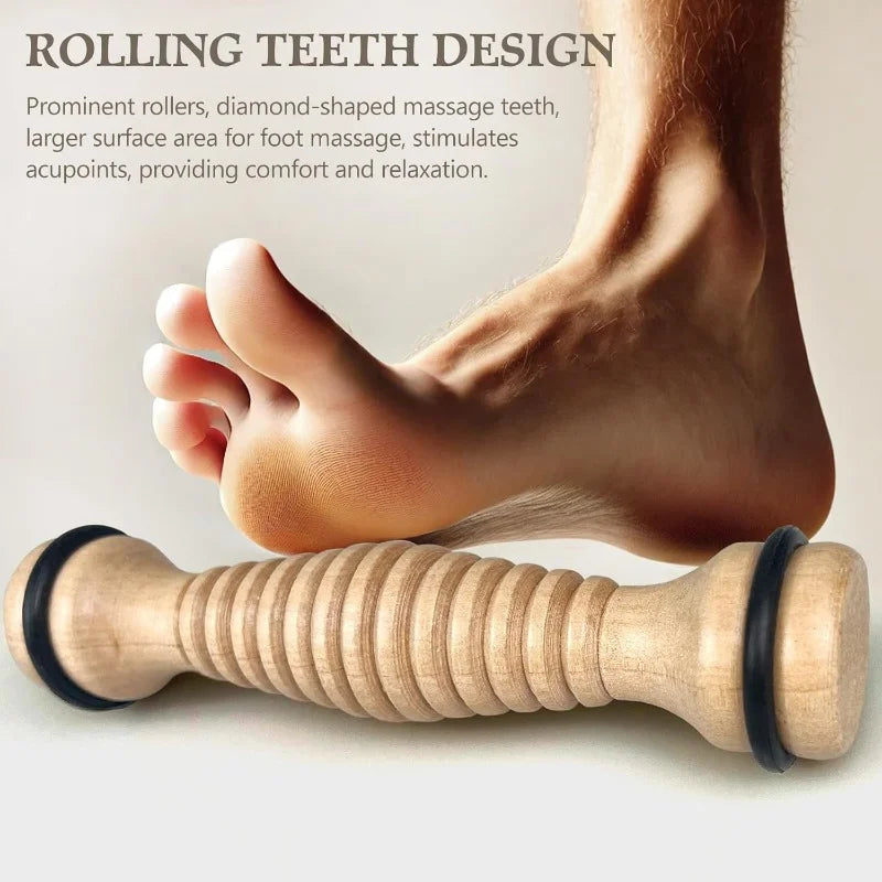 Wooden foot massage roller with diamond-shaped teeth being used under a foot for relaxation and pressure relief.