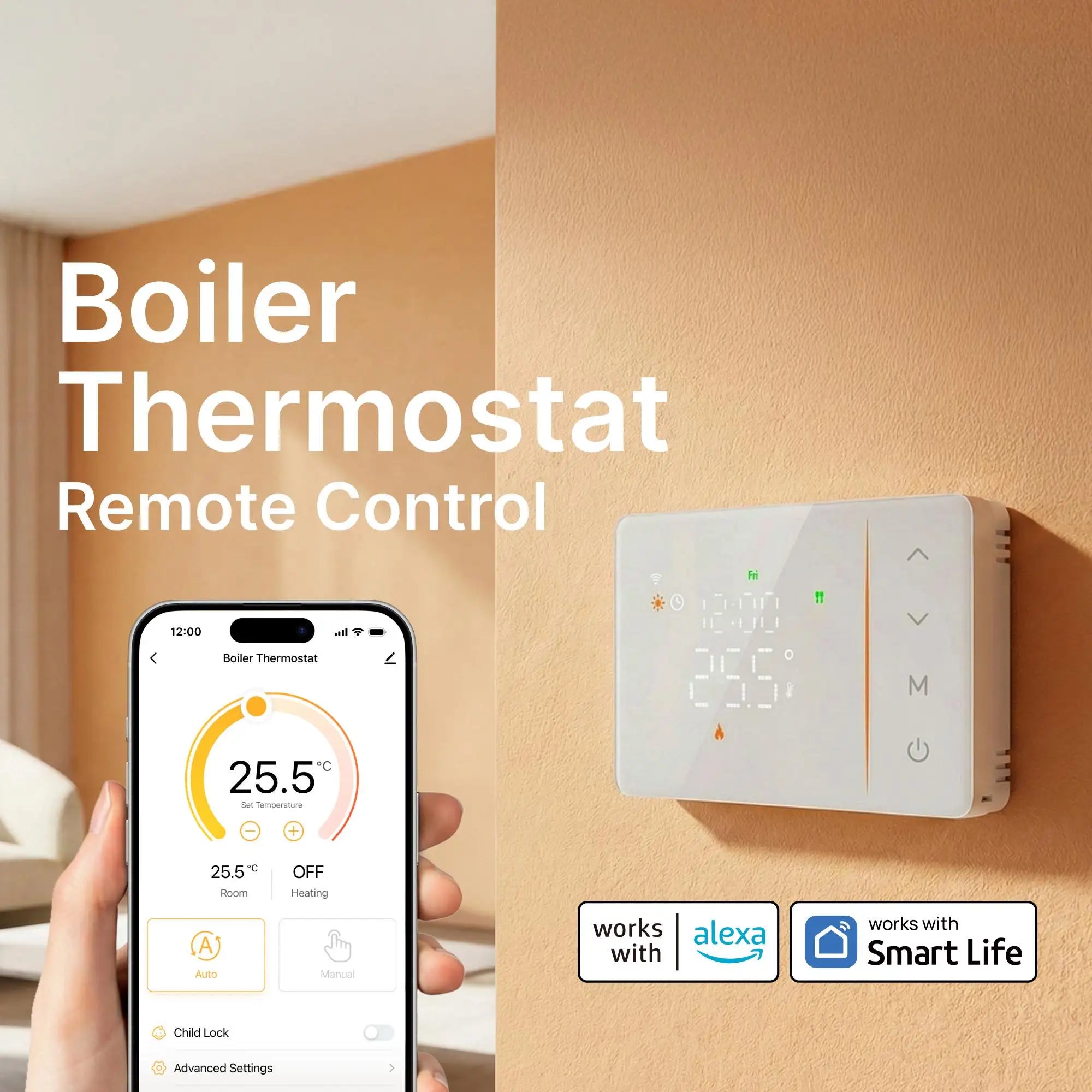 Tuya smart battery powered wifi thermostat gas boiler switch heating/cooling programmable remote control support alexa google