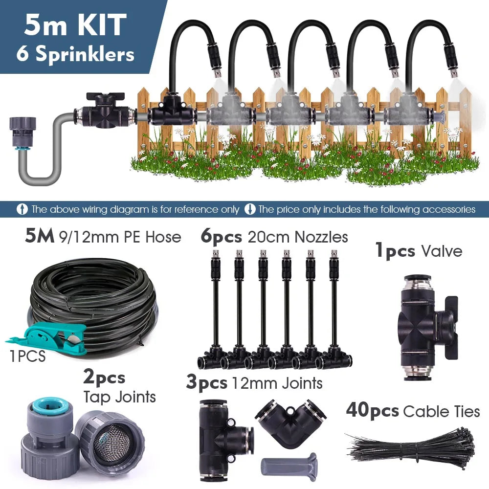 3/8" 9/12mm Misting Cooling System 360° Bend 0.6mm Nozzles Atomizer Sprayers PE Tubing 80 Mesh Filter Garden Irrigation Watering