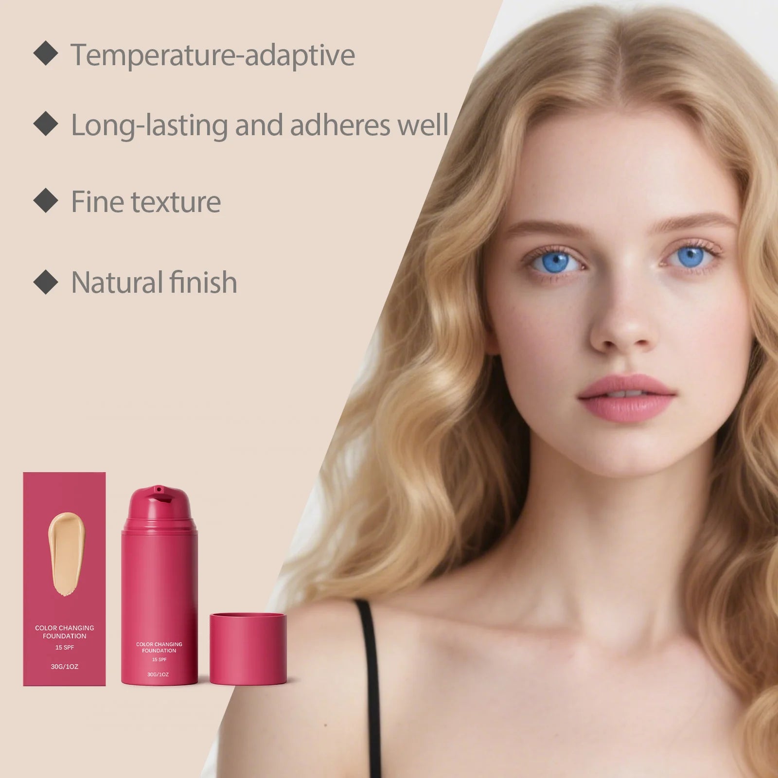 Tidesmit color changing foundation with SPF 15 providing full coverage and natural skin tone finish texture close-up