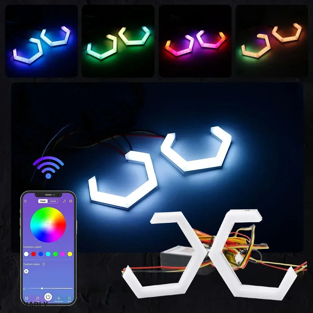 Hexagon LED Angel Eyes RGB Halo Rings for Headlight - Multi-Size Tidesmit