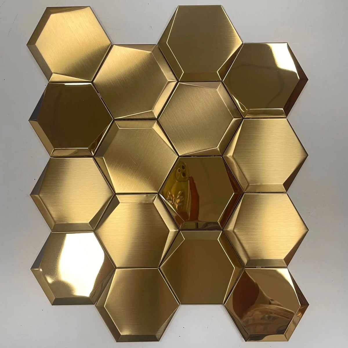 Hexagon self-adhesive metal mosaic tiles panel, brushed gold reflective hexagons.