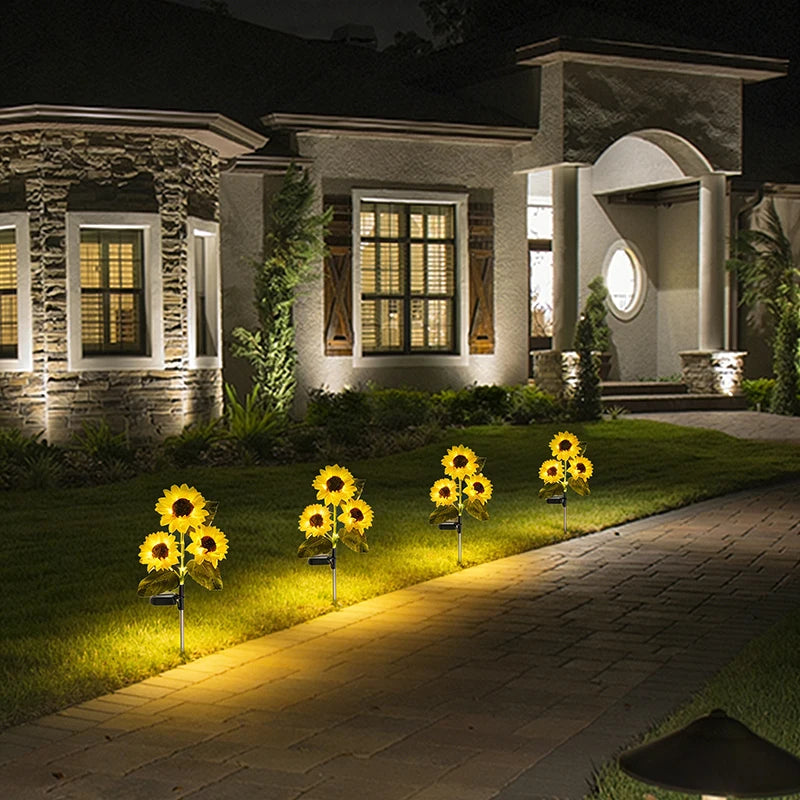 2/4 PCS Solar Powered Sunflower Light 3 Head Outdoor Waterproof LED Ground Insert Lawn Lamp For Garden Lawn Courtyard Decoration