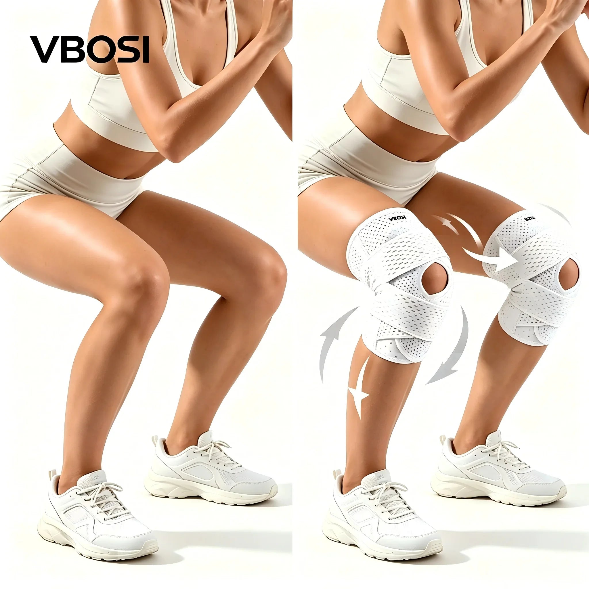 VBOSI Adjustable Breathable Knee Brace with Open Patella Compression Strap Sports Support for Running Gym Knee Pain Relief White