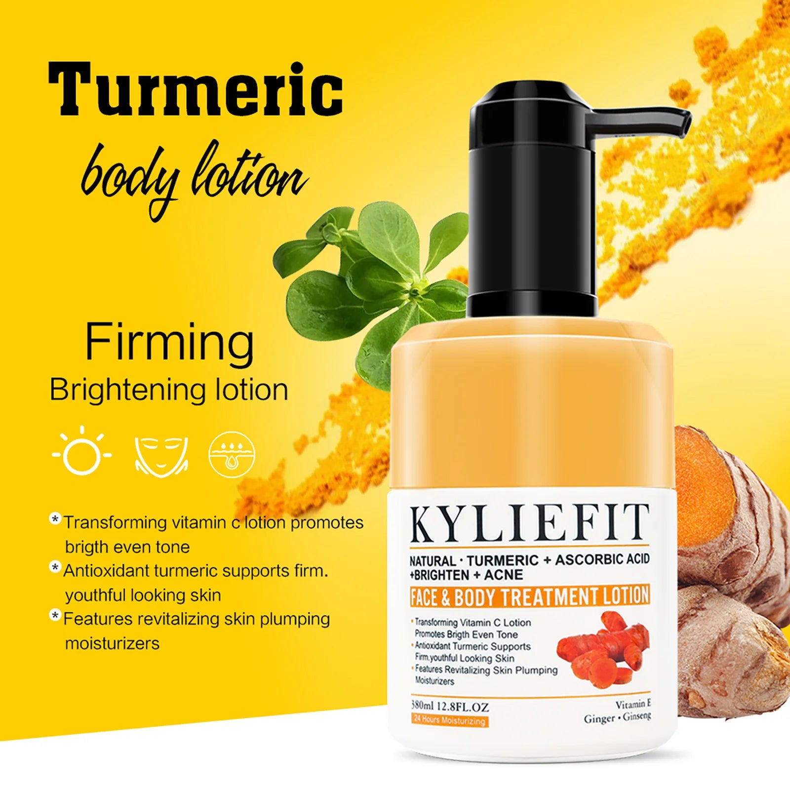 Turmeric body lotion bottle with black pump and KYLIEFIT label