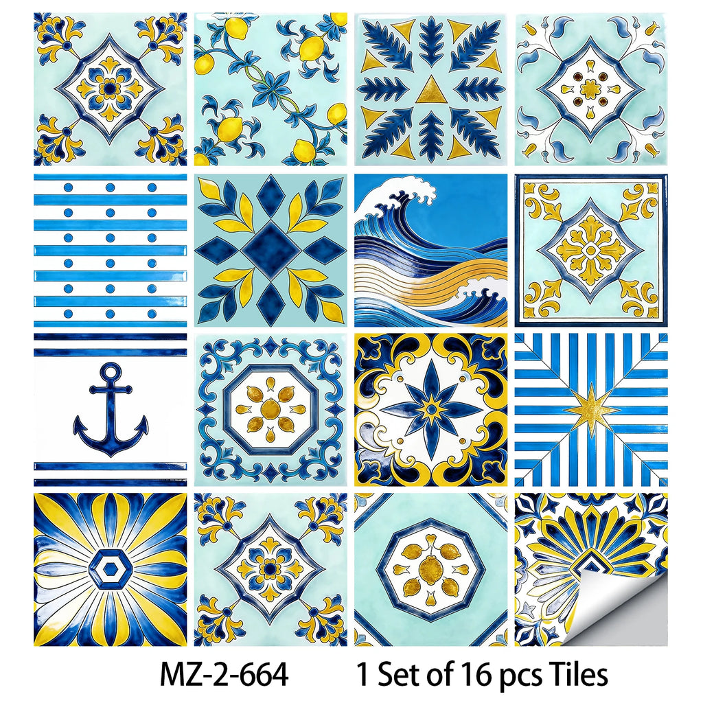 16pcs Portuguese Azulejo Tile Decals - Blue Yellow Floral Geometric Self-Adhesive Wall Stickers for Home Decor