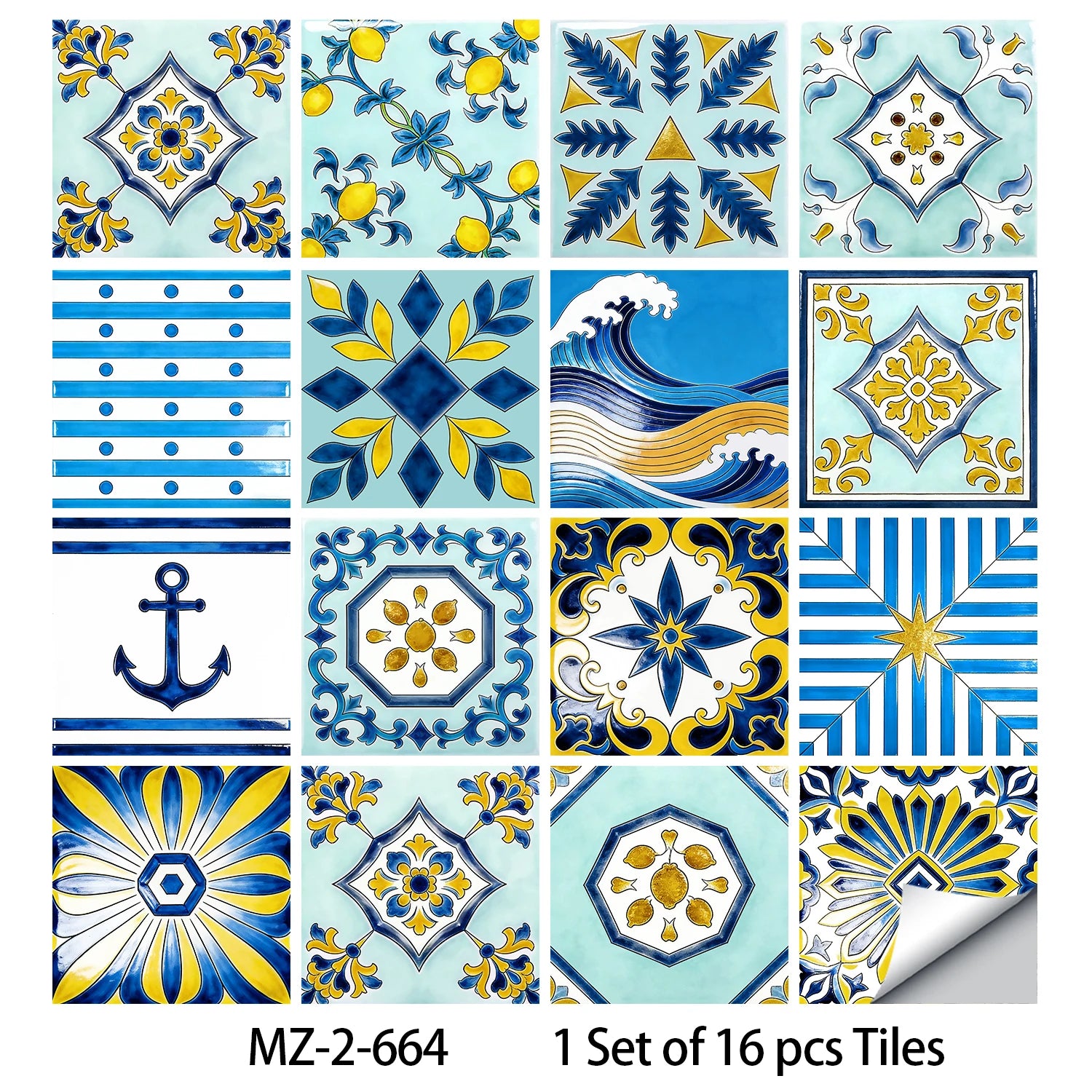 16pcs Portuguese Azulejo Tile Decals - Blue Yellow Floral Geometric Self-Adhesive Wall Stickers for Home Decor