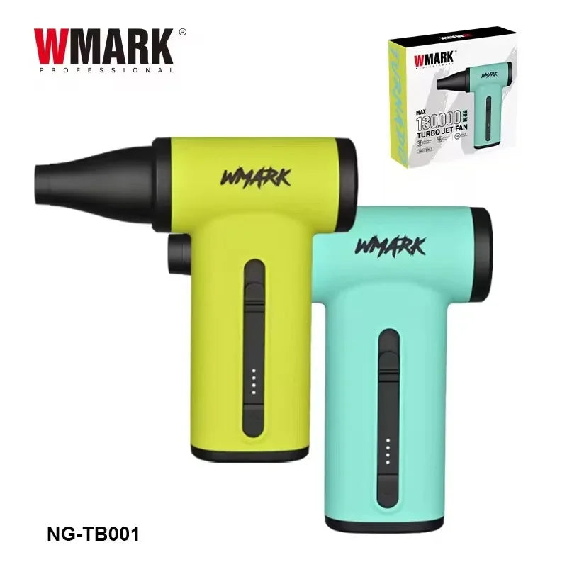 WMARK NG-TB001 130K RPM portable brushless turbo jet fan blower in neon yellow and mint green for styling hair.