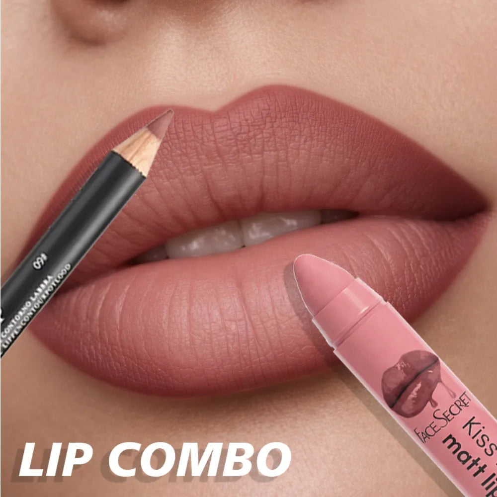 Matte nude-rose lipstick and lip liner kit for professional, long-wear, waterproof lip makeup with high pigment.