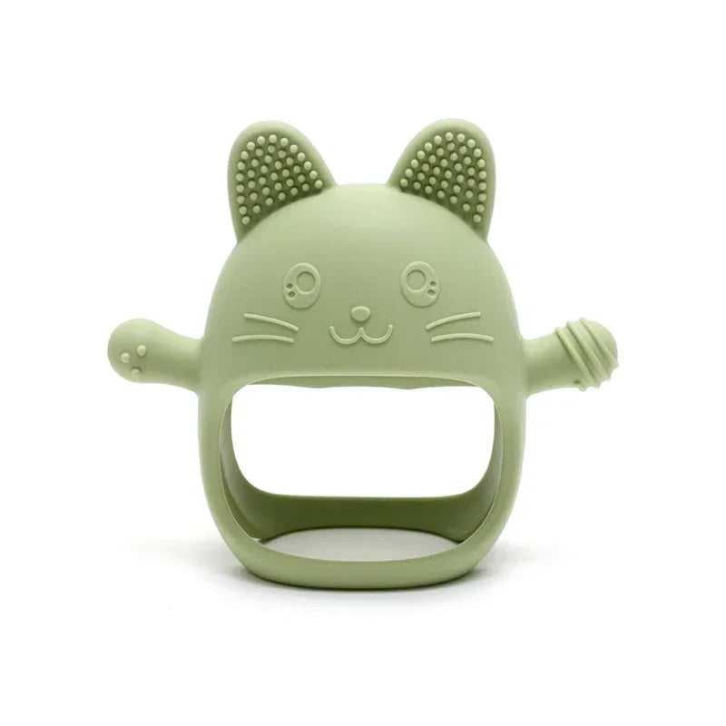 Sage green silicone cat teething toy for baby pain relief.
