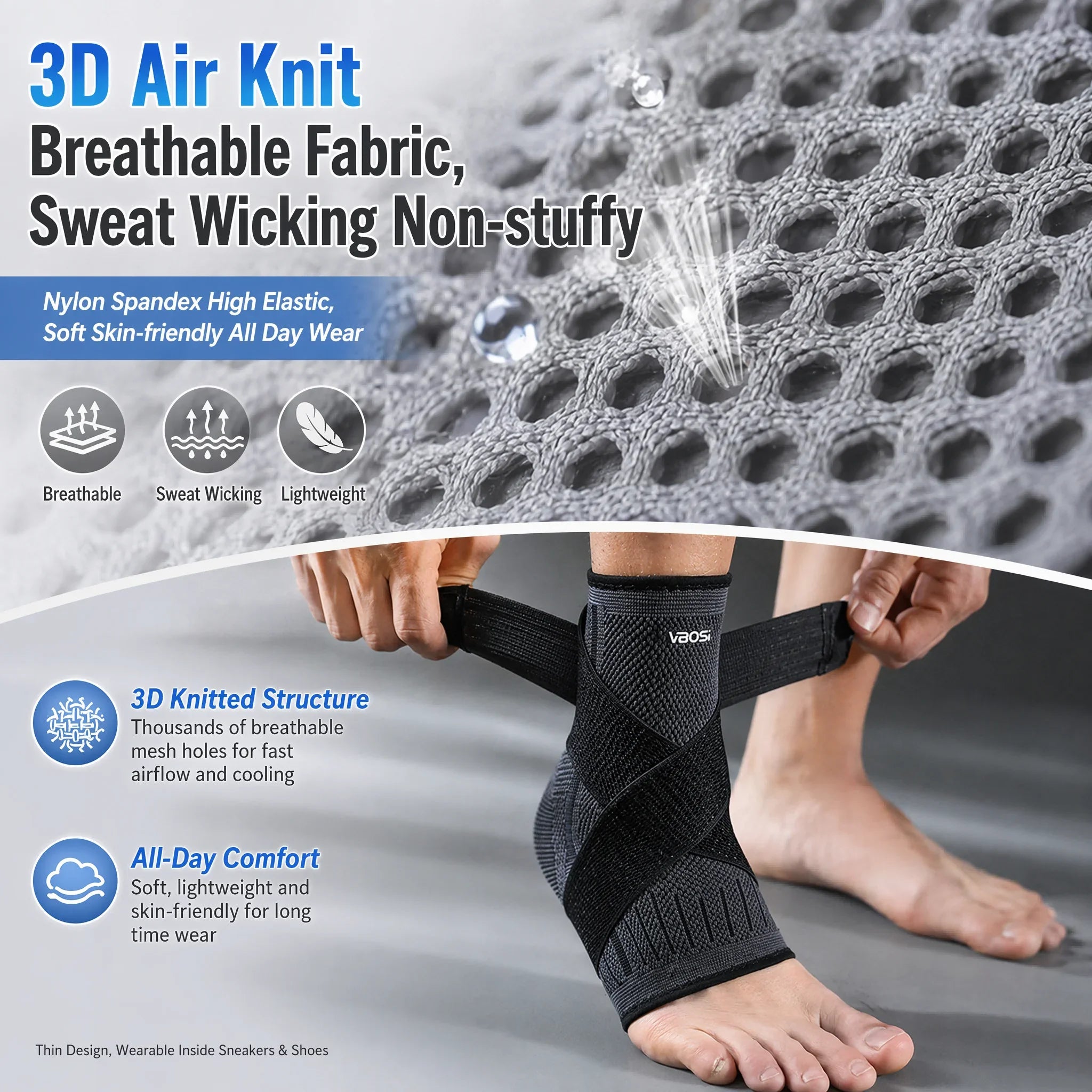 VBOSI Ankle Brace Compression Support Sleeve with Adjustable Strap for Men Women, Breathable Knitted Ankle Support for Sprain, S