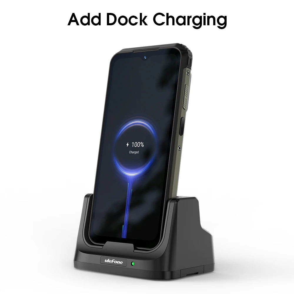 Ulefone Armor 21 rugged smartphone charging on black dock, displaying 100% battery, 6.58-inch 120Hz display view.