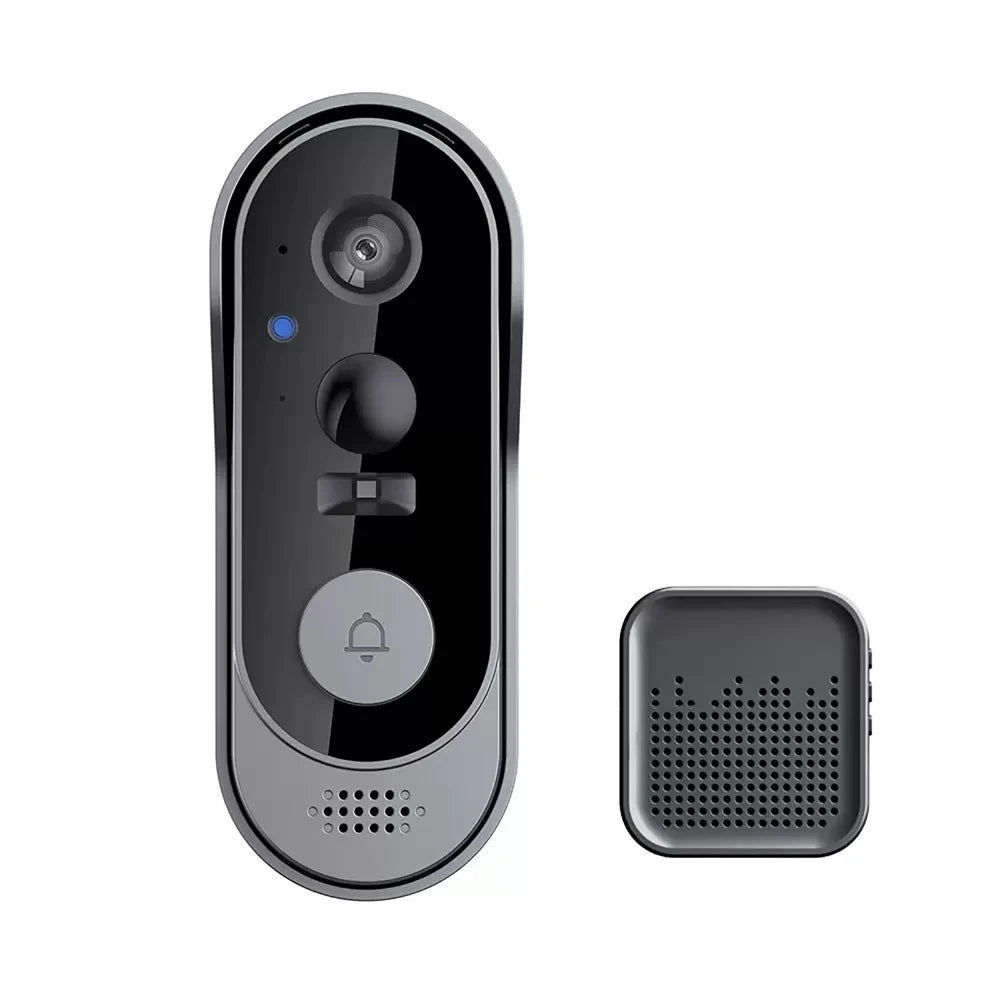 Wireless video doorbell with black front and speaker module, no memory card shown