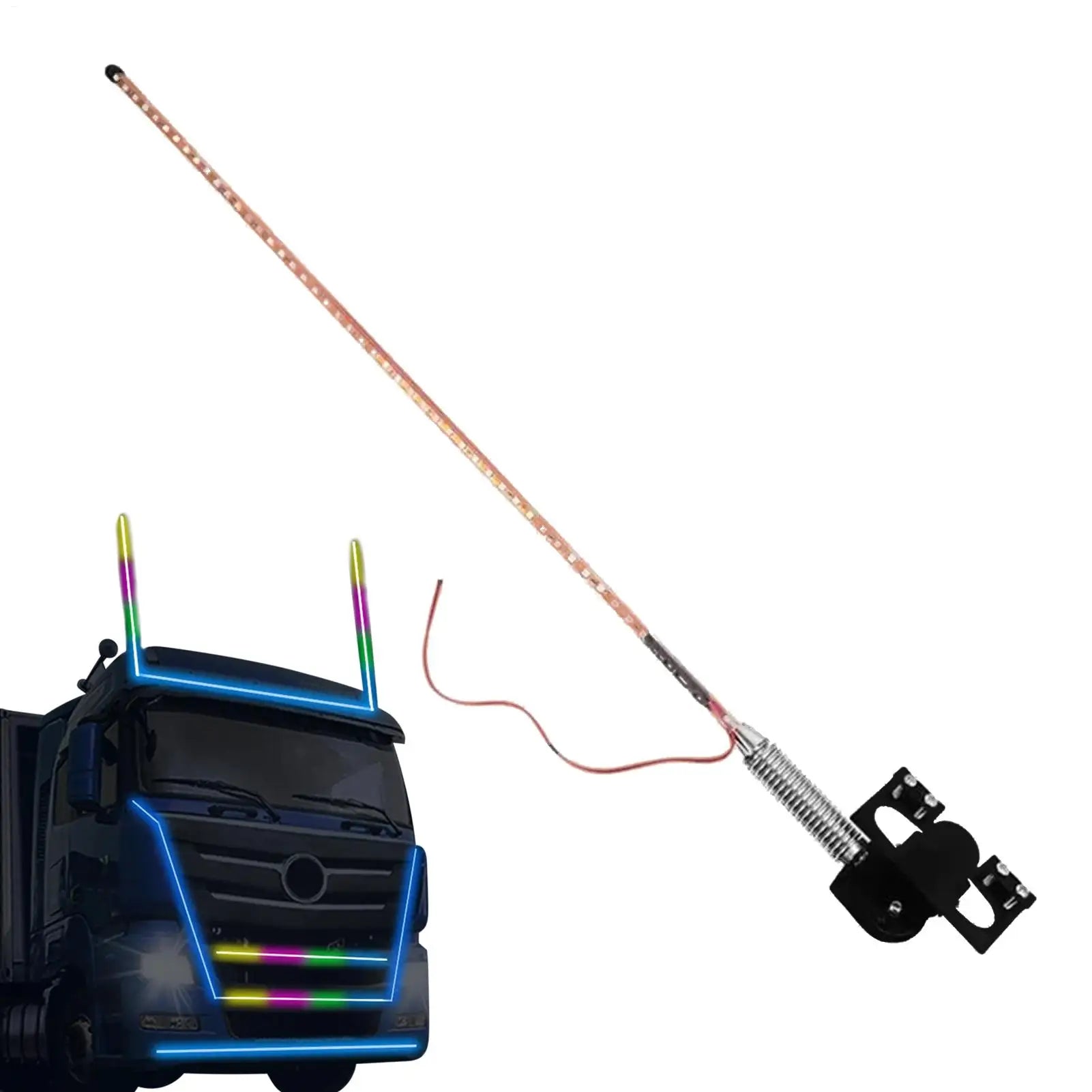 Long, thin LED light whip antenna for trucks with a coiled base, wire lead, and mounting bracket.