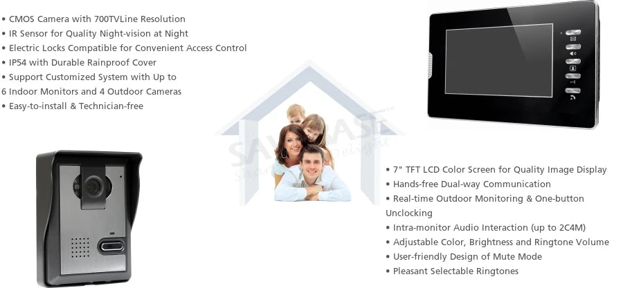 Video Door Phone Doorbell Intercom System 7" Monitor IR Camera Night Vision 1V1