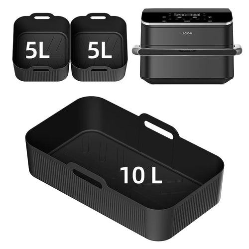 Set of black silicone air fryer tray liners, marked 5L and 10L, with handles