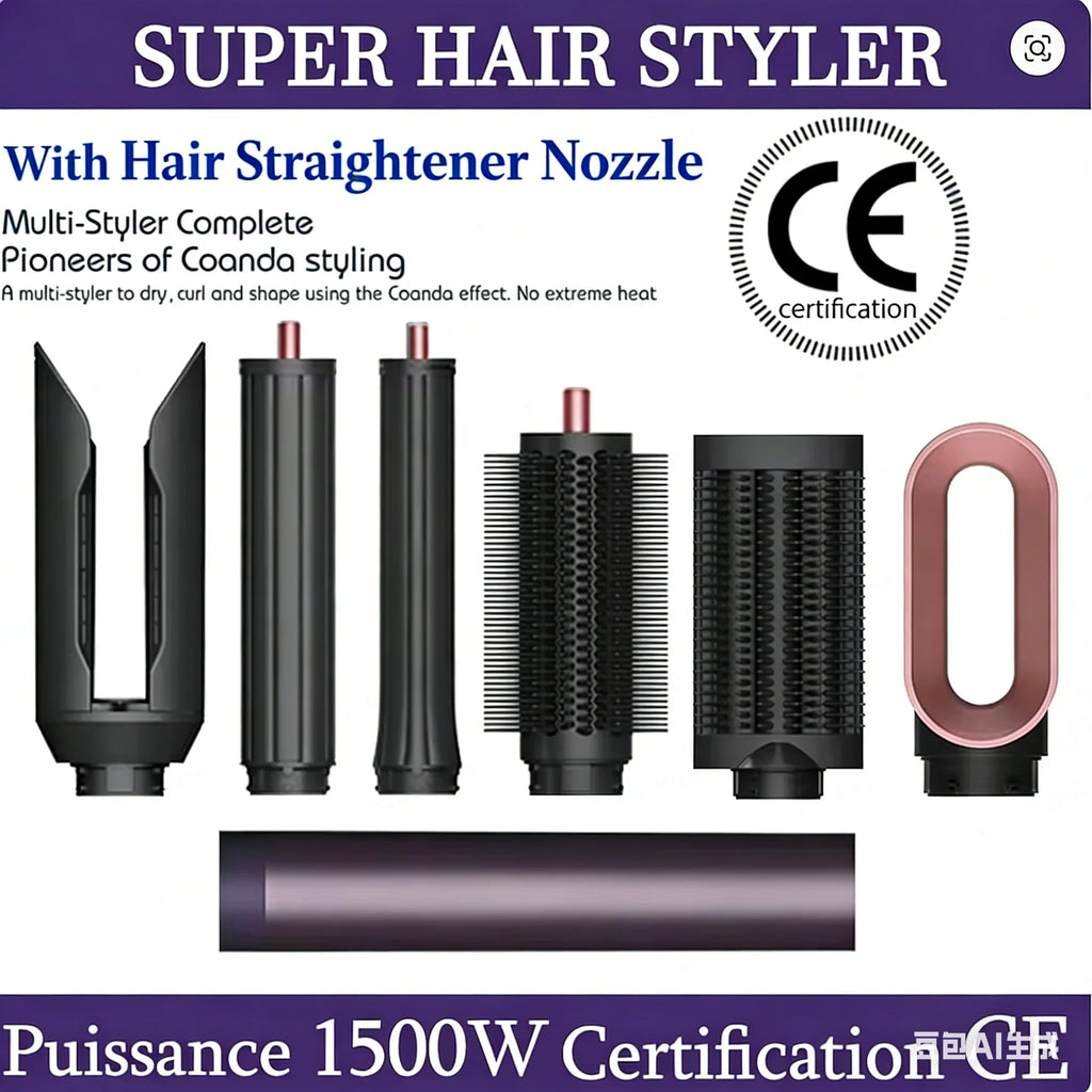 SenCiciMen 6-in-1 black hot air styler set with curling barrels, brushes, and hair dryer nozzle for professional styling.
