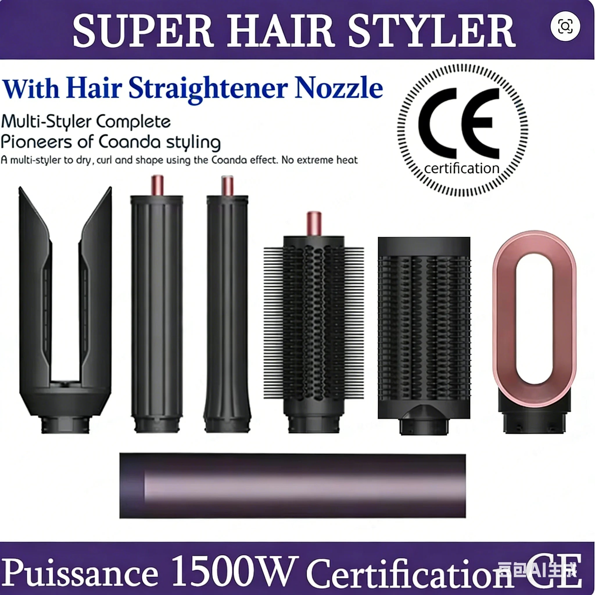 SenCiciMen 6-in-1 black hot air styler set with curling barrels, brushes, and hair dryer nozzle for professional styling.