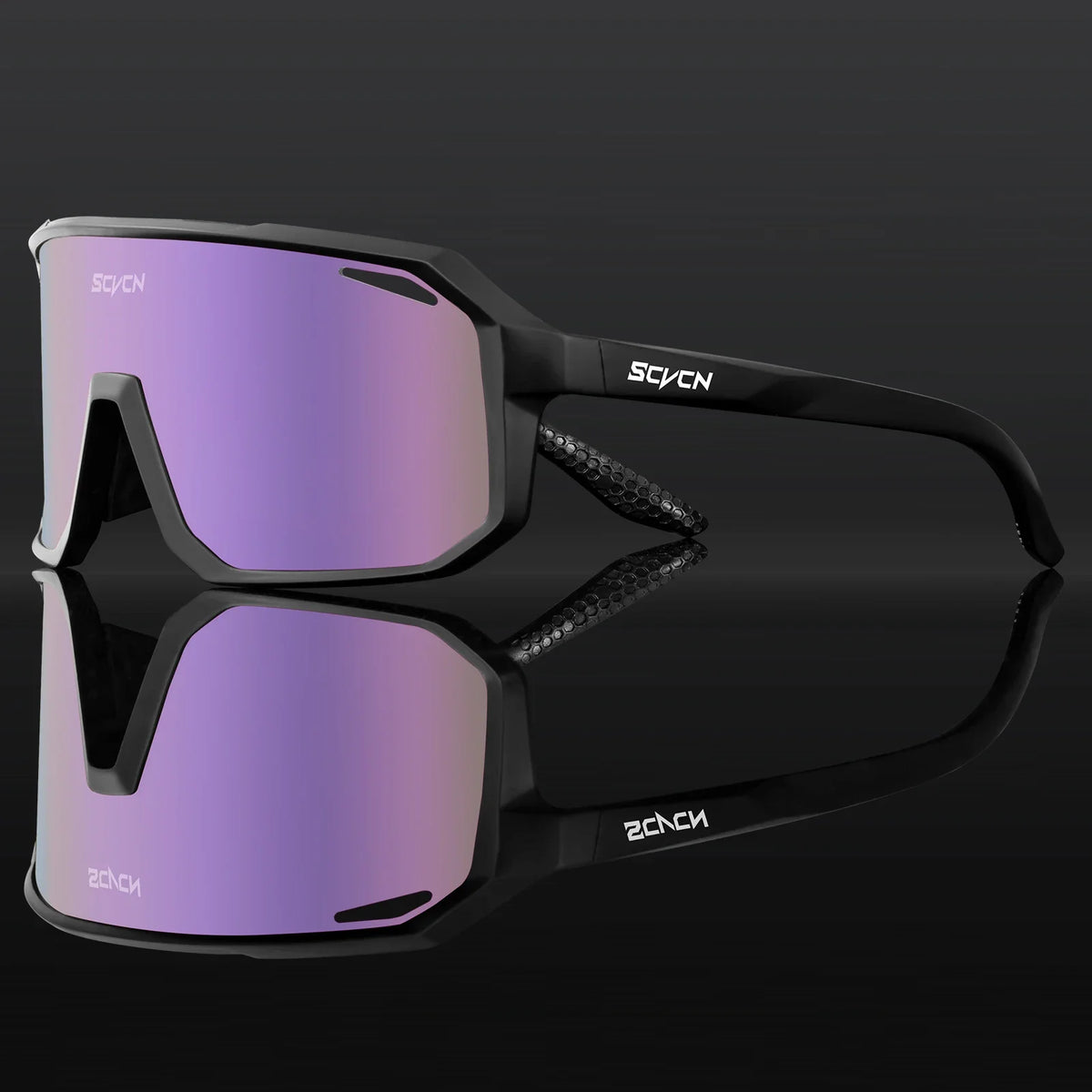 Cycling sunglasses with black frame and purple mirrored lenses