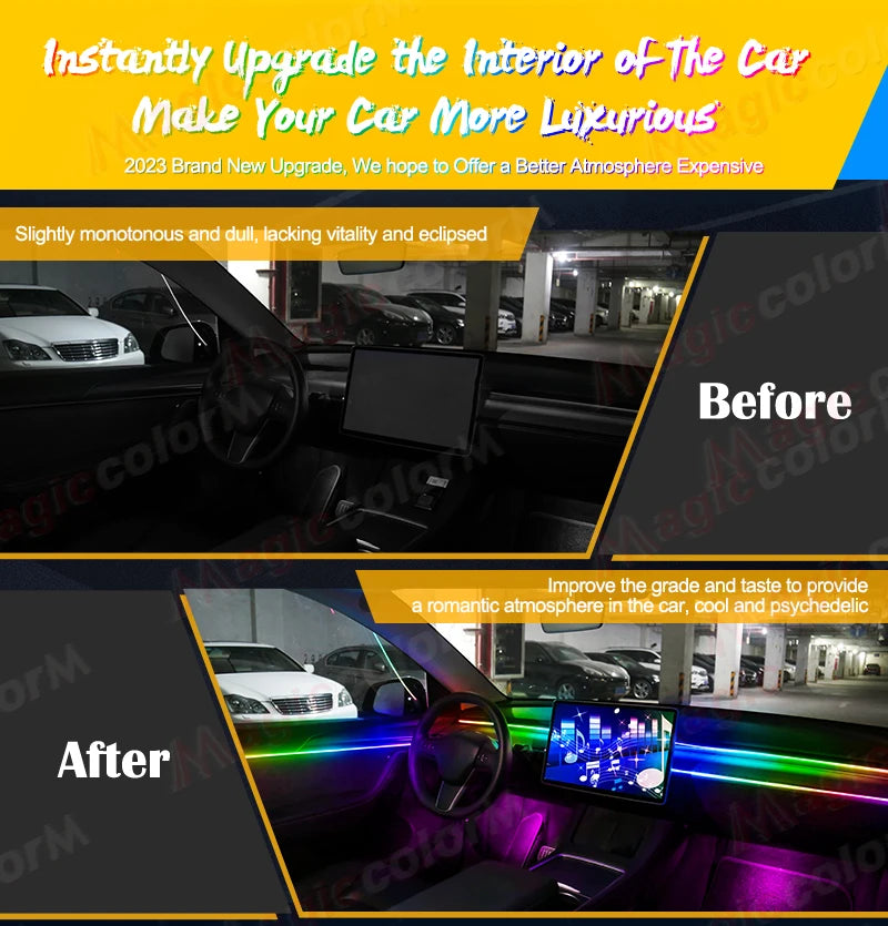 LED ambient lighting strips for car dashboards and doors, showing a before and after transformation with colorful light.