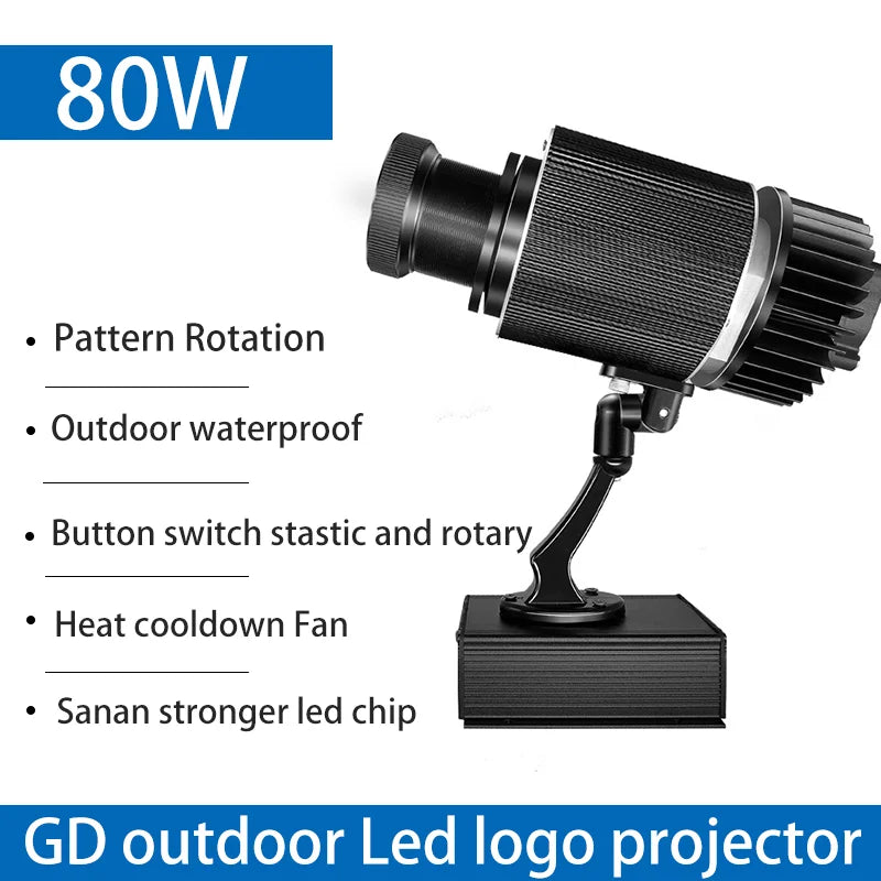 80W outdoor LED logo projector on base, finned heat sink and cooling fan, dark metal