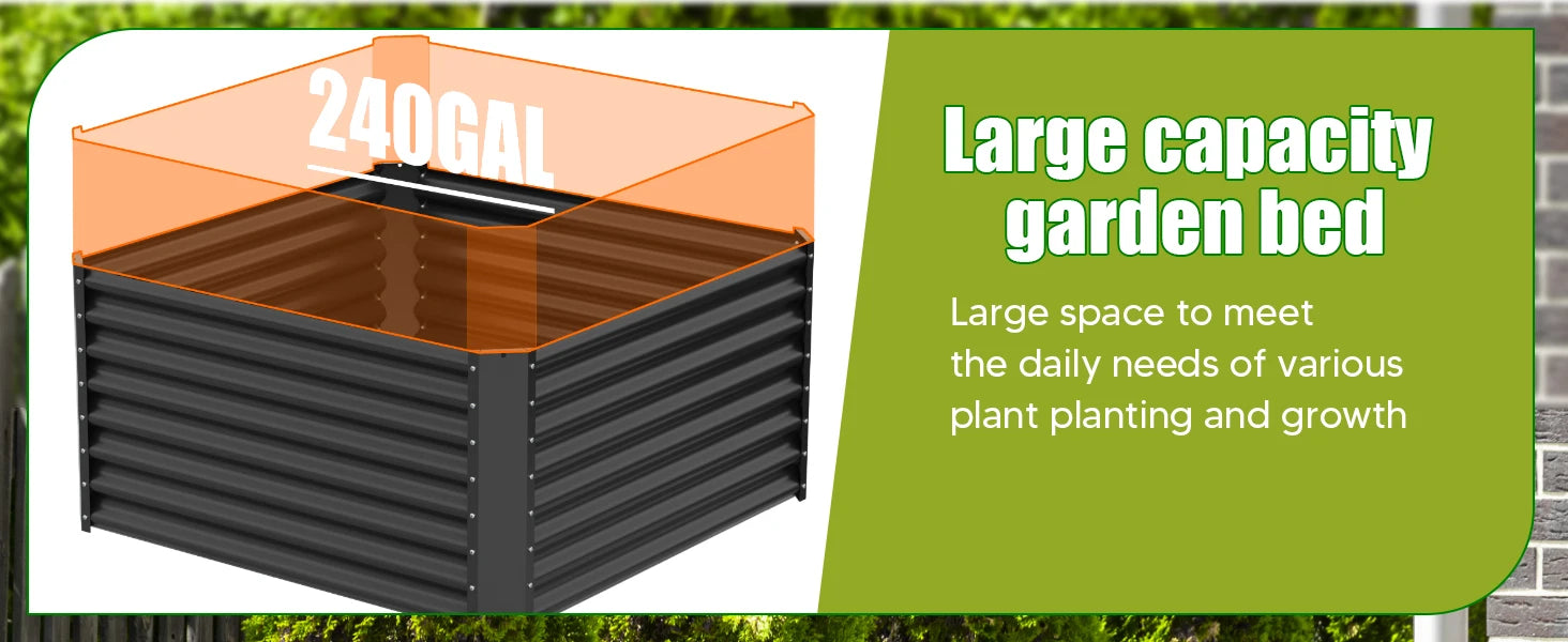 Galvanized metal raised vegetable tray, 240/gallons, open base, rustproof corrugated steel for vegetables, herbs and flowers, quick assembly in 10 minutes for outdoor gardening, patio and yard.