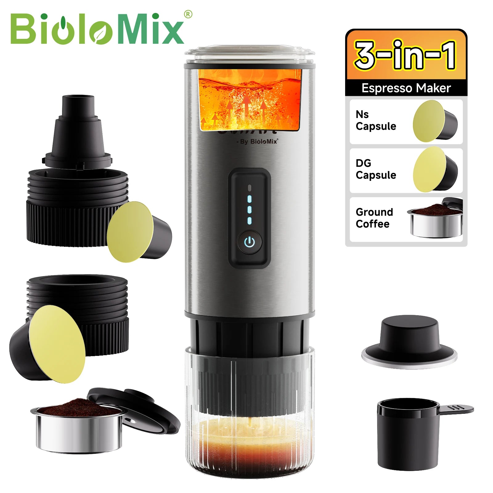 BioloMix 3-in-1 portable espresso maker in silver stainless steel, compatible with capsules and ground coffee.