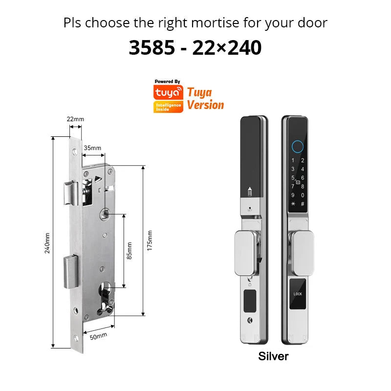 Tuya Wifi App Waterproof Smart Aluminum Door Lock Euro Double Hook Mortise Fingerprint Password Electronic Sliding Door Lock