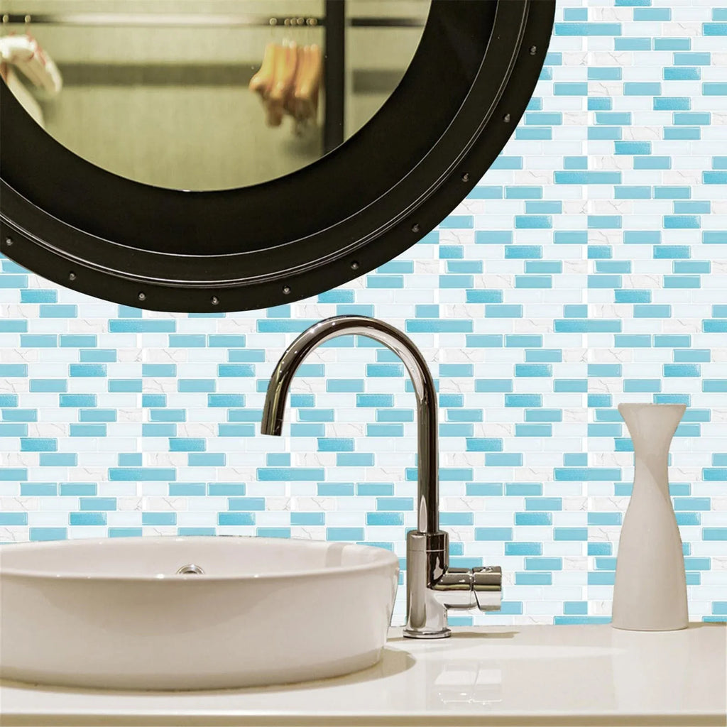 3D mosaic tile sticker sheet with blue and white brick pattern, peel-and-stick
