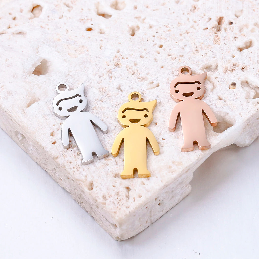 Silver, gold, and rose gold stainless steel boy charms for DIY pet jewelry, necklaces, and bracelet making.