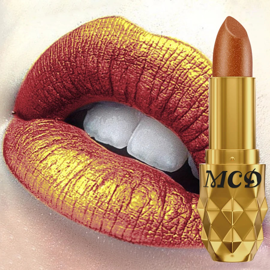 Intense copper metallic lipstick with glitter finish and gold geometric tube, showing bold, long-lasting pearlescent color.
