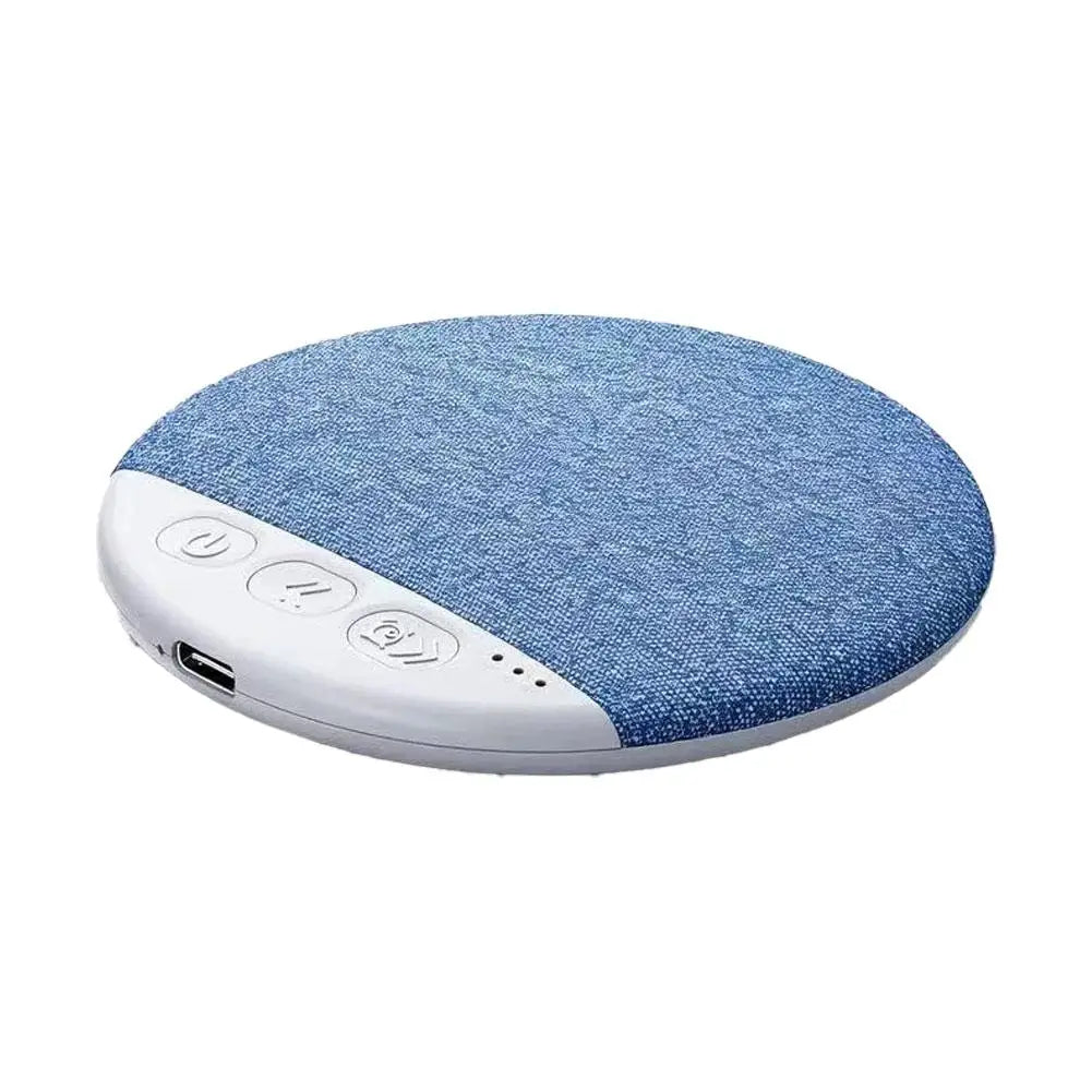 Blue fabric portable white noise machine for sleep aid with visible control buttons and charging port.